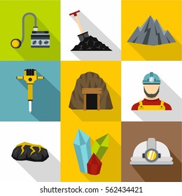 Mining activities icons set. Flat illustration of 9 mining activities vector icons for web