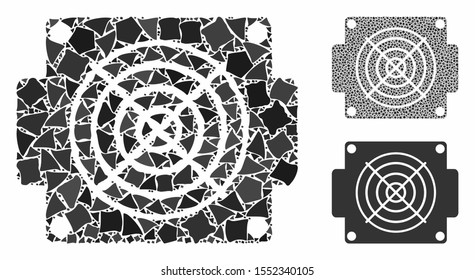 Mining ASIC device composition of ragged parts in different sizes and color tones, based on mining ASIC device icon. Vector ragged dots are united into composition.