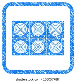 Mining Asic Farm rubber seal stamp imitation. Icon vector symbol with grunge design and corrosion texture inside rounded square. Scratched blue emblem on a white background.