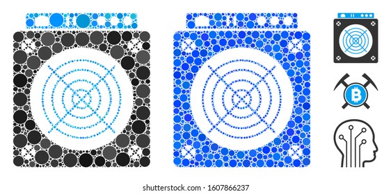 Mining ASIC hardware mosaic of circle elements in various sizes and color tints, based on mining ASIC hardware icon. Vector circle elements are organized into blue illustration.