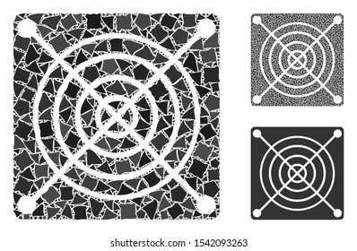 Mining ASIC hardware mosaic of ragged elements in different sizes and color tones, based on mining ASIC hardware icon. Vector ragged elements are combined into illustration.