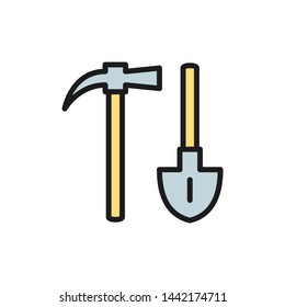 Mining axe with shovel flat color icon.