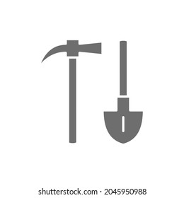 Mining axe with shovel grey icon. Isolated on white background