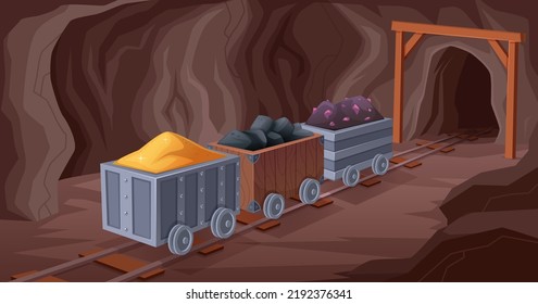 Antecedentes mineros. Diamantes de piedras naturales y recursos mineros en carros de carro plantilla exacta de color vectorial