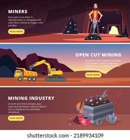 Mining banners. Natural resource production industry workers in helmet mining treasures exact vector flat banners with place for text