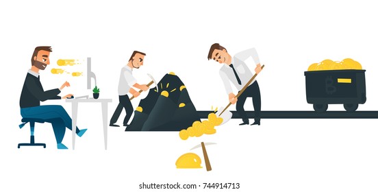 Mining bit coin man. Money. Golden coin with bitcoin sign. Vector flat illustration with blockchain technology based crypto currency. Financial or business concept.flying bitcoins from the monitor