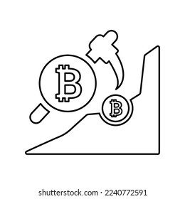 Minería, bitcoin, moneda, ícono de esquema criptodivisa. Vector de arte de línea.