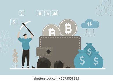 Mining bitcoin, collect money in digital wallet. Businessman trader uses pickaxe to get bitcoins in stone. Miner extracting cryptocoins. Bitcoin or cryptocurrency mining, digital coins farming. vector