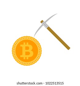 Mining bitcoin concept. Coin and pick vector. Bitcoin currency and money, pickaxe and gold finance coin illustration