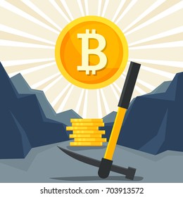 Mining bitcoin concept. Pickaxe, coins and mountains. Earning cryptocurrency. Flat style vector illustration.