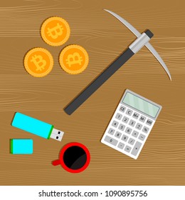 Mining bitcoin concept. Tools for mine. Calculator and pickaxe, cup of coffee and gold coin currency, vector illustration