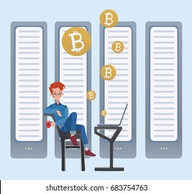 Mining bitcoin concept. Young man sitting at the computer in the server room. Cryptocurrency mining farm. Vector cartoon illustration.