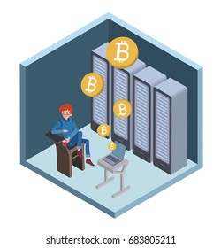 Mining bitcoin concept. Young man sitting at the computer in the server room. Cryptocurrency mining farm. Vector cartoon illustration in isometric projection.