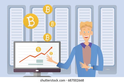 Mining bitcoin concept. Young man sitting at the computer in the server room. Cryptocurrency mining farm. Vector cartoon illustration.