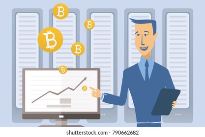 Mining bitcoin concept. Young man standing at the computer in the server room. Cryptocurrency mining farm. Vector cartoon illustration.