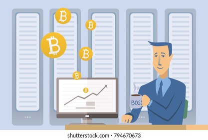 Mining bitcoin concept. Young man sitting at the computer in the server room. Cryptocurrency mining farm. Vector cartoon illustration.