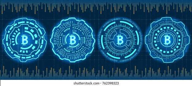 Mining Bitcoin Crypto Currency, BTC, Bit-coin. Futuristic Money. Blockchain. Processing Binary Data Arrays Operation - Illustration Vector