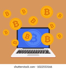 Mining bitcoin crypto currency concept. Vector flat cartoon illustration