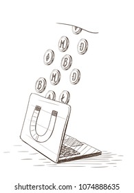 Mining bitcoin crypto currency concept. Vector sketch cartoon illustration with coins