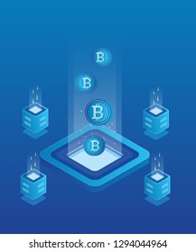 Mining bitcoin, Cryptocurrency and Blockchain concept. Farm for mining bitcoins, Isometric vector illustration. - Vector