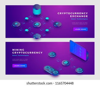 Mining bitcoin and cryptocurrency exchange concept. Landing page banner template. 3d isometric vector illustration.