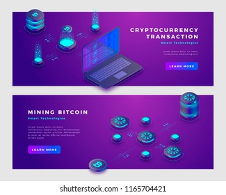 Concepto de transacciones de bitcoin y criptodivisa de minería. Plantilla de banner de la página de inicio. Ilustración vectorial isométrica 3d.