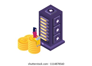 Mining Bitcoin farm  ultraviolet isometric  concept. Vector illustration.