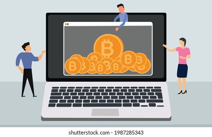 mining bitcoin from laptop, Cryptocurrency concept vector illustration