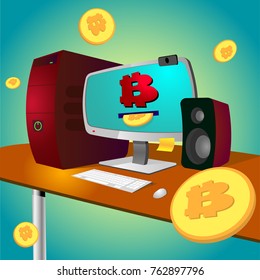 mining bitcoin from laptop, Cryptocurrency concept vector illustration