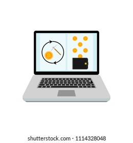 Mining bitcoin laptop. Vector finance coin mining, internet technology exchange illustration