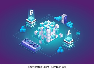 Mining  Bitcoin And Litecoin Crypto Currency In Isometric 3d Design. Cryptocurrency Exchange Vector Illustration