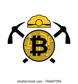 Mining bitcoin logo. Meiner emblem. Helmet and pickaxe and coin are crypto currency. Vector illustration