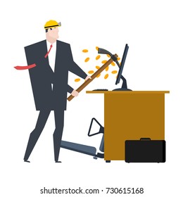 Mining bitcoin. Minir Extraction Crypto currency businessman screams for virtual money. Vector illustration
