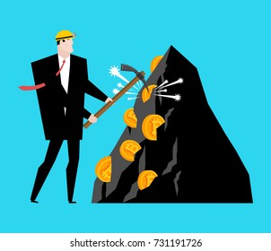 Mining bitcoin. Minir Extraction Crypto currency businessman screams for virtual money. Vector illustration