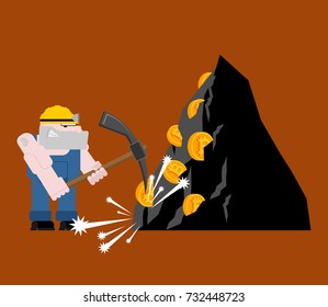 Mining bitcoin. Minir Extraction Crypto currency businessman screams for virtual money. Vector illustration
