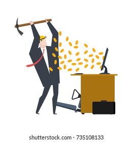 Mining bitcoin. Minir Extraction Crypto currency businessman screams for virtual money. Vector illustration
