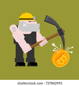 Mining bitcoin. Minir Extraction Crypto currency businessman screams for virtual money. Vector illustration