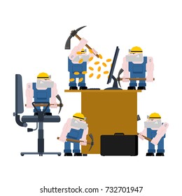 Mining bitcoin. Mining pool concept.  Minir Extraction Crypto currency businessman screams for virtual money. Vector illustration
