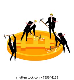 Mining bitcoin. Mining pool concept.  Minir Extraction Crypto currency businessman screams for virtual money. Vector illustration
