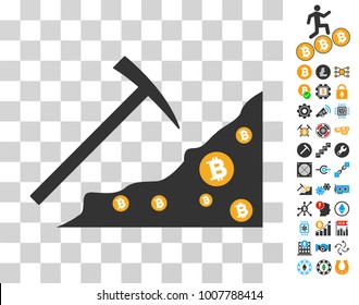 Mining Bitcoin Rocks pictograph with bonus bitcoin mining and blockchain icons. Vector illustration style is flat iconic symbols. Designed for crypto-currency ui toolbars.