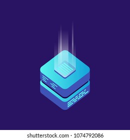 Mining bitcoin server vector icon in isometric style. Blockchain crypto money farm datacenter illustration background. Block chain concept.