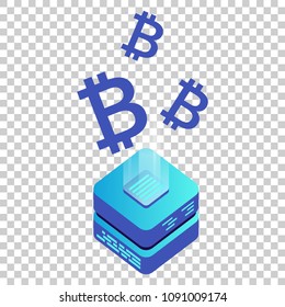 Mining bitcoin server vector icon in isometric style. Blockchain crypto money farm datacenter illustration on isolated transparent background. Block chain concept.