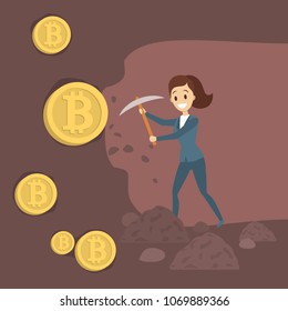 Mining the bitcoin. Woman with equipment digging for the money.