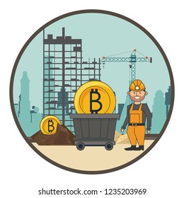 Mining bitcoin and worker with shovel and wagon