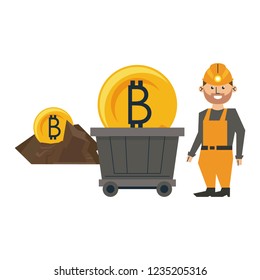 Mining bitcoin and worker with shovel and wagon