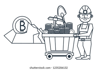 Mining bitcoin and worker with shovel and wagon