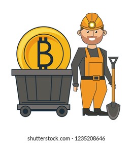 Mining bitcoin and worker with shovel and wagon