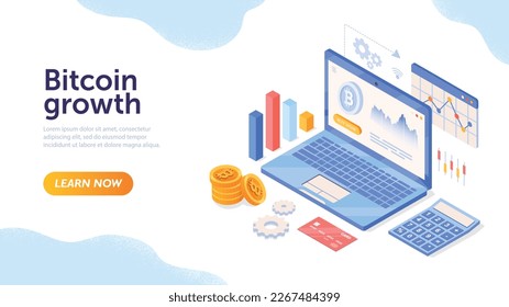 Konzept der Bergbaubitzen Laptop mit Diagrammen und Diagrammen, arbeiten mit Statistiken und Analytik. Kryptowährungswachstum, Handel und Investitionen, Landing Page Design. Cartoon isometrische Vektorgrafik