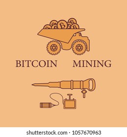 Mining of bitcoins. Dumper with bitcoins, dynamite and jackhammer. Digital currency. Blockchain technology.