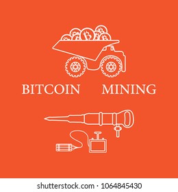 Mining of bitcoins. Dumper with bitcoins, dynamite and jackhammer. Digital currency. Blockchain technology.